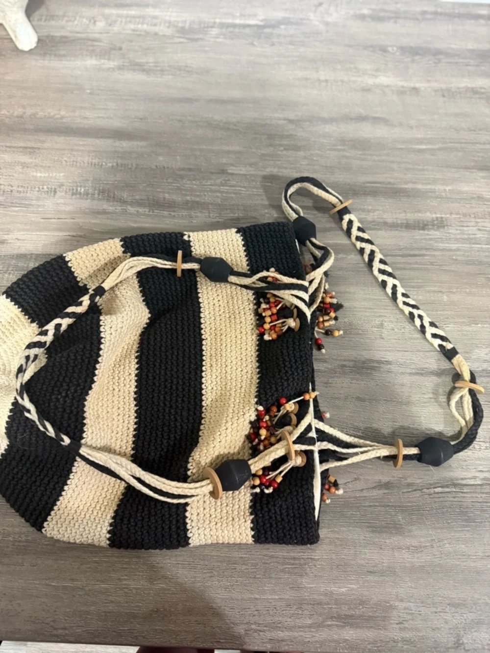 Saddie River Vintage Striped Black & Cream Crochet Beach Tote